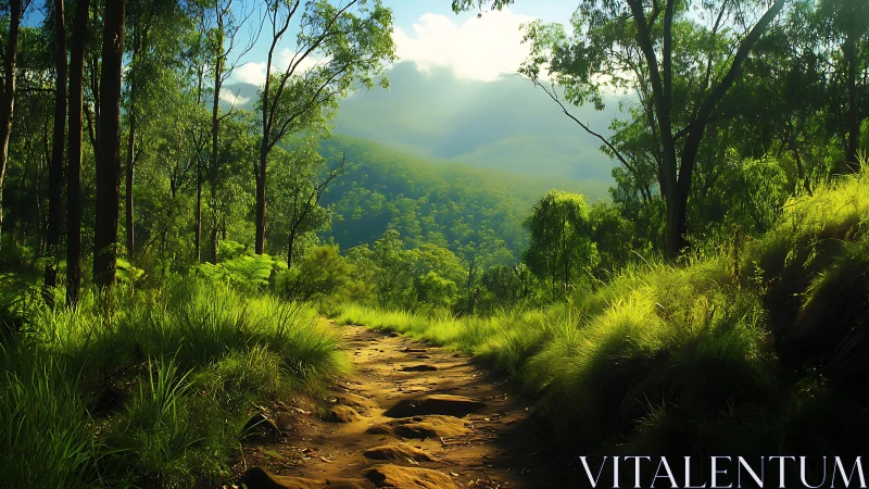 Mountain Valley Stream Through Dense Forest Canopy.