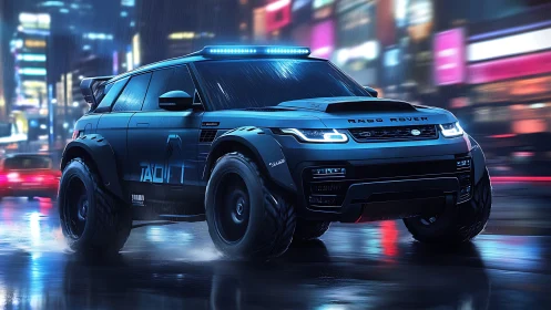 Futuristic off-road SUV rendered with neon-lit wet-surface reflections