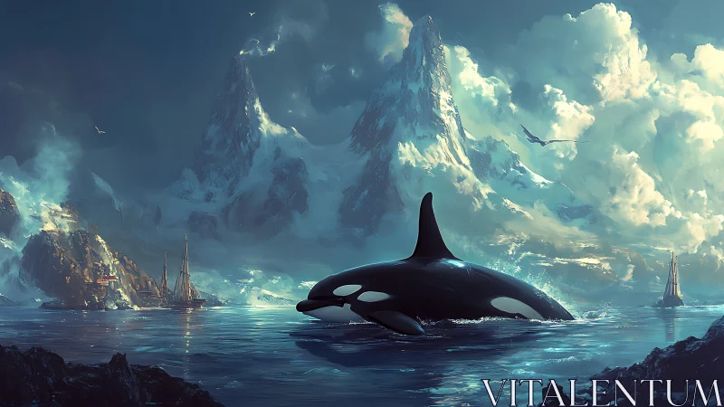 Orca surfacing in glacial fjord with towering icy spires