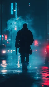 Neon rogue stalks a rain-slicked midnight street in blue haze.