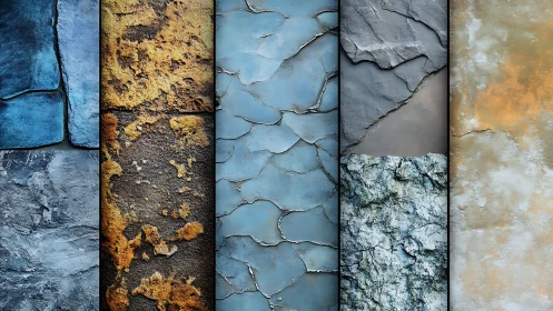 Weathered stone textures align in cool layered abstract panel
