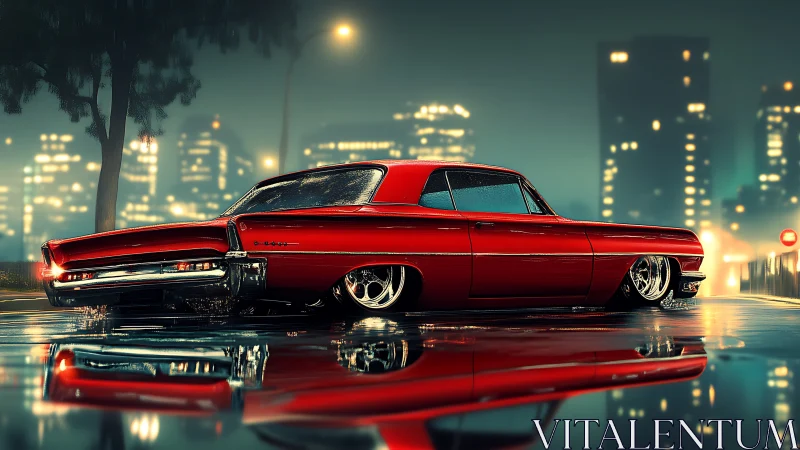 Lowrider red classic car on wet neon city street at night.