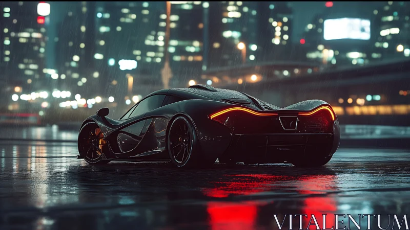 Sleek hypercar under neon rain on reflective city streets.