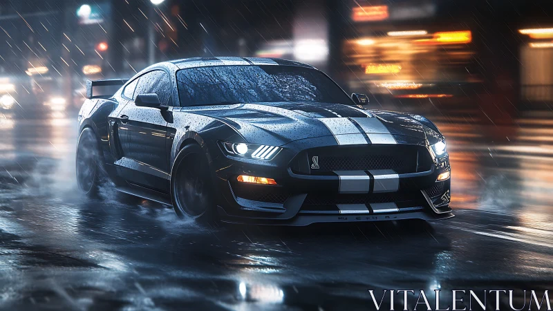 High-performance sports car powers through neon-lit rain-soaked city