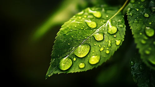 Morning raindrops resting gently on a vivid green leaf.