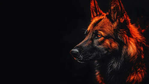 High-contrast fiery-lit canine profile on deep black ground