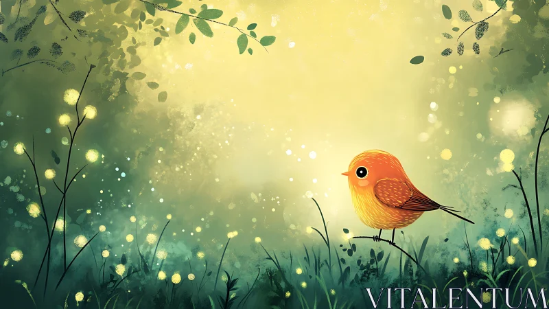 Cute orange songbird in glowing green forest clearing.