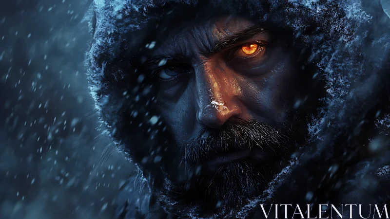 Lone warrior’s burning gaze cuts through a frozen blizzard