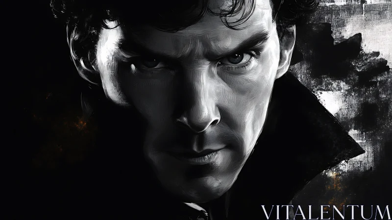 Intense monochrome portrait stares out from a storm of shadow