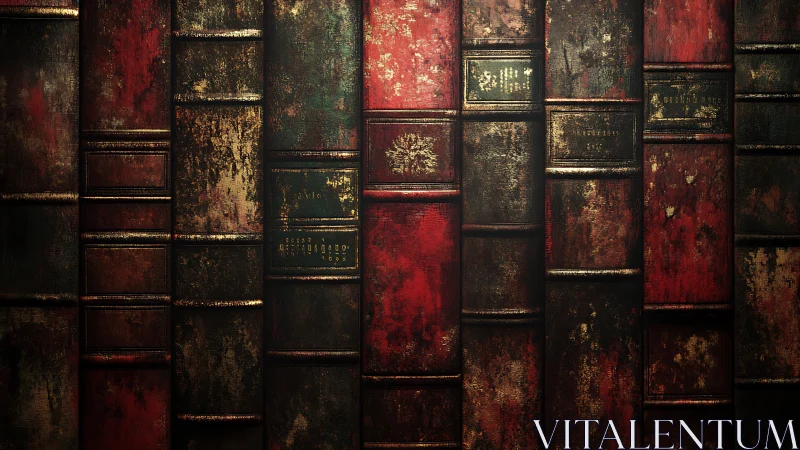Photorealistic close-up of distressed antique book spines.