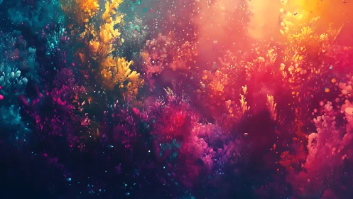 Radiant neon coral forest shimmers in a dreamy ocean haze