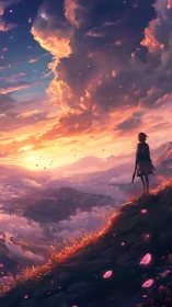 Character stands on mountain ridge watching glowing sunset sky