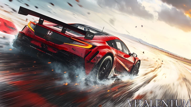 Red Honda race car drifts on wet track surface at speed