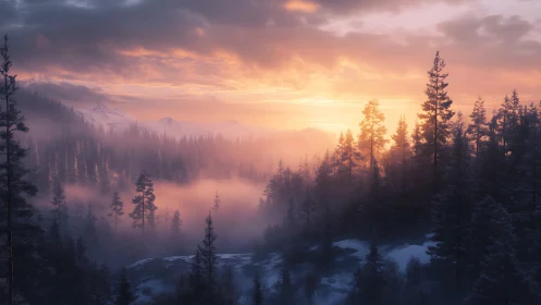 Winter conifer forest valley under diffuse sunrise light.