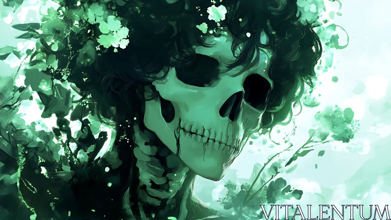 Digital painting of floral skull portrait in verdant bloom.