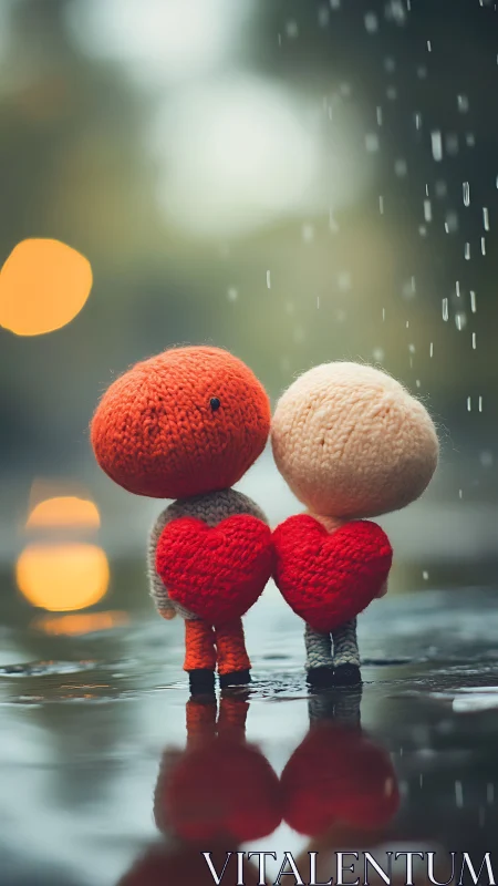 Two Knitted Figures Share Heart Shaped Love in the Rain