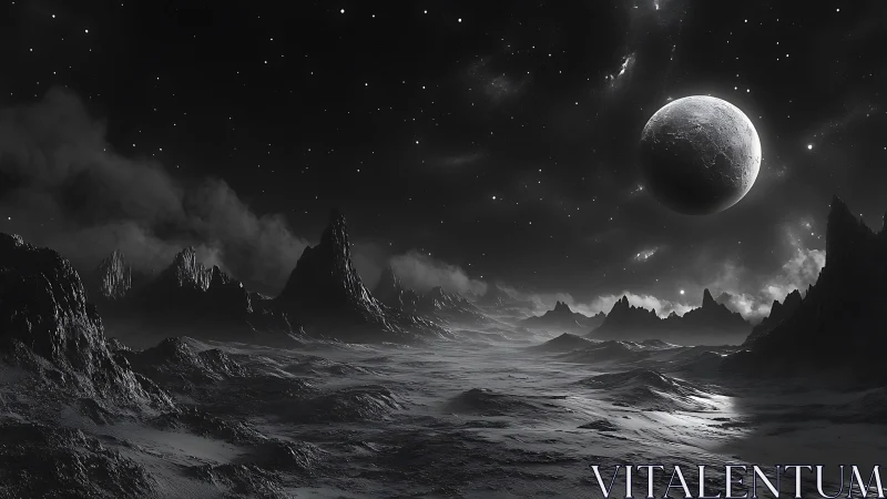 Moonlit alien desert under stars exudes stark cosmic calm.