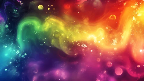 Vibrant nebula swirl with glowing rainbow cosmic trail.