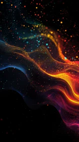 Colored particle waves form layered flowing bands over black