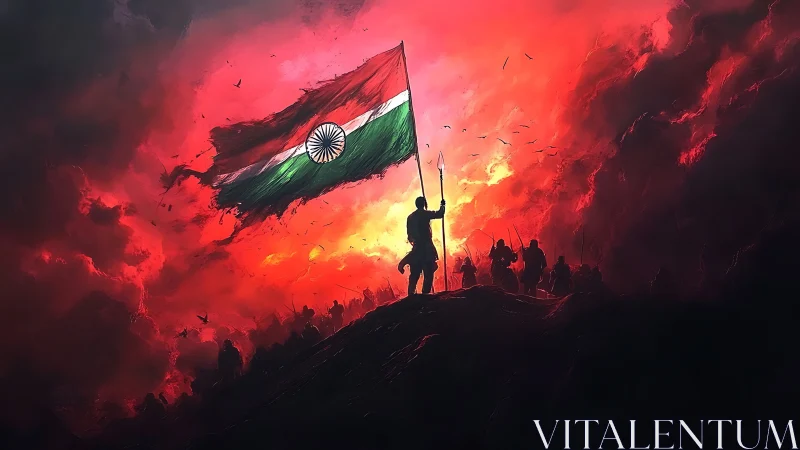 Storm-lit tricolor roars above silhouettes on the high ridge