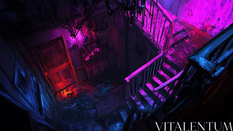 Haunted staircase hallway in neon pink and blue light.