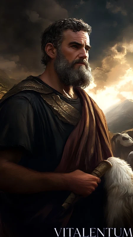 Stormlit shepherd stands guard beneath a burning horizon.