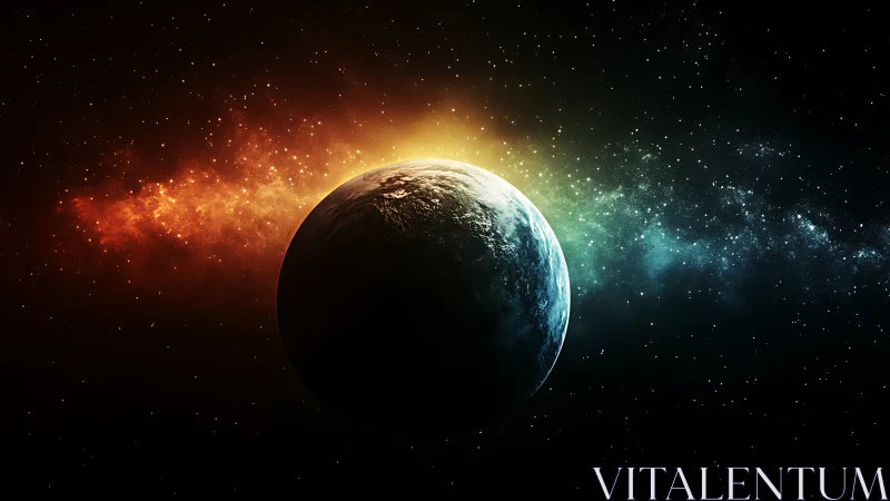 Cinematic digital planet sunrise with radial backlighting design.