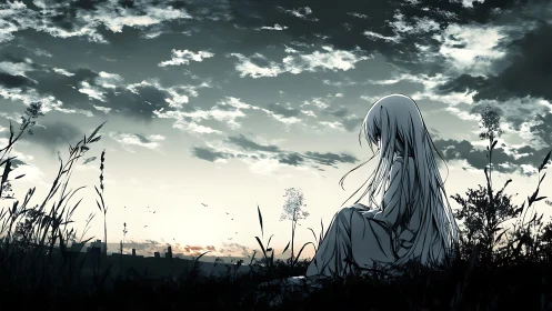 Solitary anime girl sits in field against cloudy dusk sky
