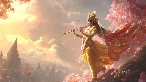 Divine flutist in golden attire strides above temple valley
