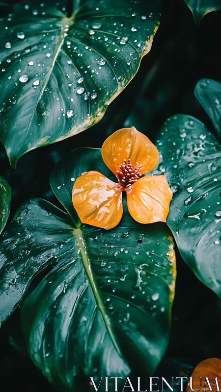Orange tropical flower rests among wet green foliage