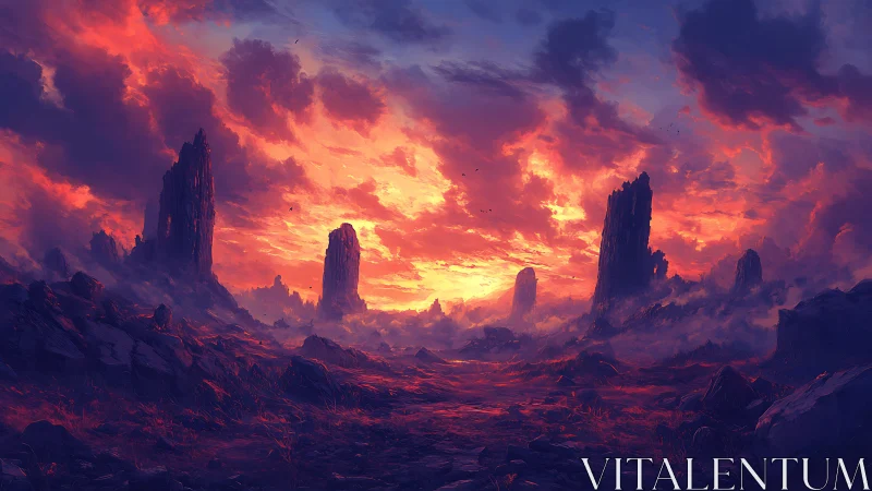 Fiery alien valley under towering basalt spires at dusk