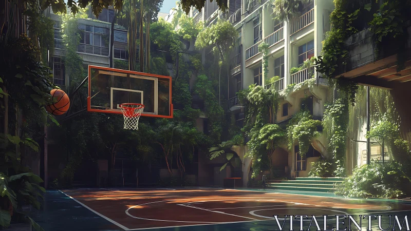 Overgrown courtyard basketball court framed by dense vegetation
