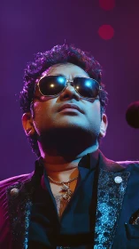 Stage-lit singer in sunglasses under vivid concert glow.