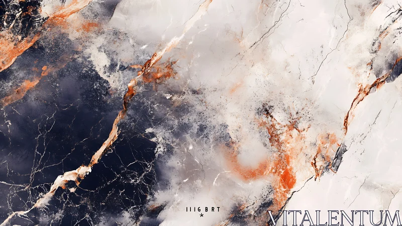 Marble-like abstract with dark, white, and orange veining.