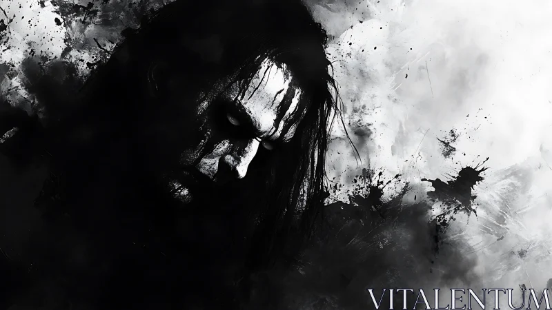 Monochrome spectral portrait in splattered ink diffusion.