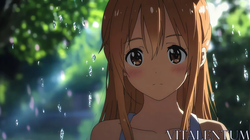 Soft-eyed anime girl standing in gentle summer rain shower.