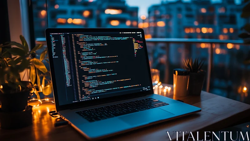 Laptop displays color-coded source code in dim balcony workspace