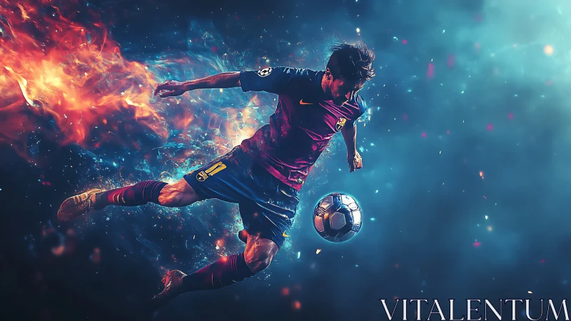 Soccer player strikes ball through blazing cosmic energy field