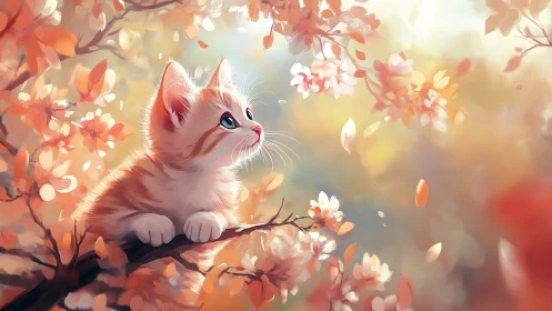 Juvenile Feline Subject Perched Among Flowering Branches with Warm Atmospheric Lighting