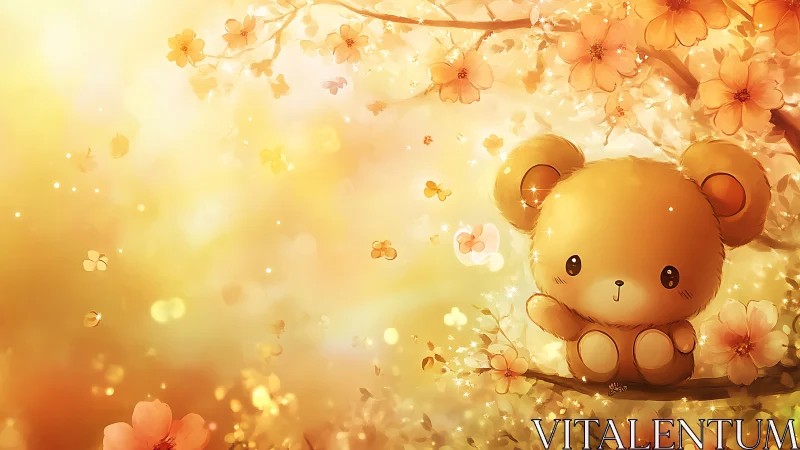 Gentle teddy bear enjoys a golden blossom-filled spring day