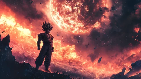Supercharged warrior silhouetted against erupting stellar inferno.