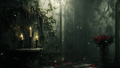 Gothic candlelit alcove illuminates decayed roses and ivy
