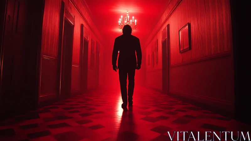 Silhouetted figure in red-lit corridor under chandelier glow.