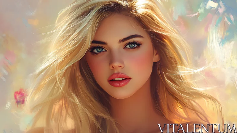 Blonde woman portrait glows against soft abstract pastel light