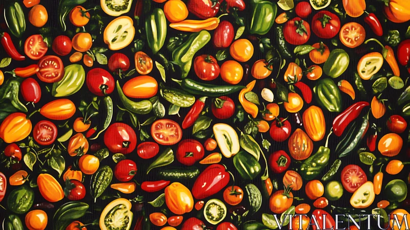 Rainbow harvest of glossy peppers and tomatoes in playful riot.