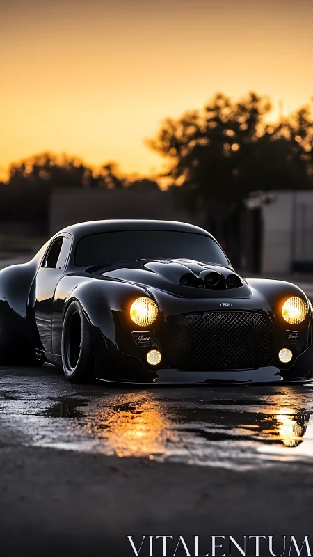 Black custom muscle car glows under wet sunset pavement.