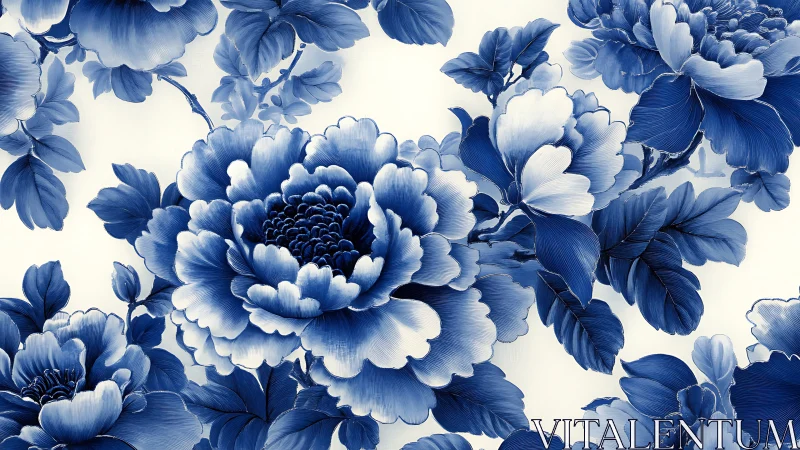 Blue and White Peony Floral Illustration with Detailed Botanical Styling.