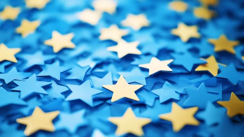 Golden stars punctuate sea of layered blue cutout shapes.