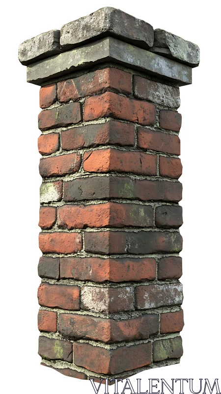 Weathered red brick chimney column rendered on white background