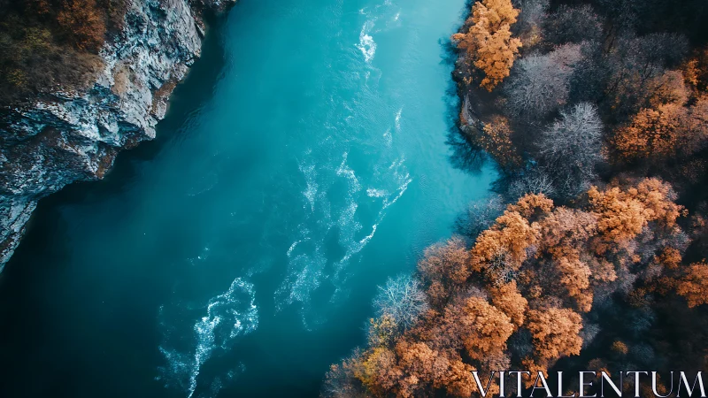 Autumn trees and rocky river gorge seen from above.